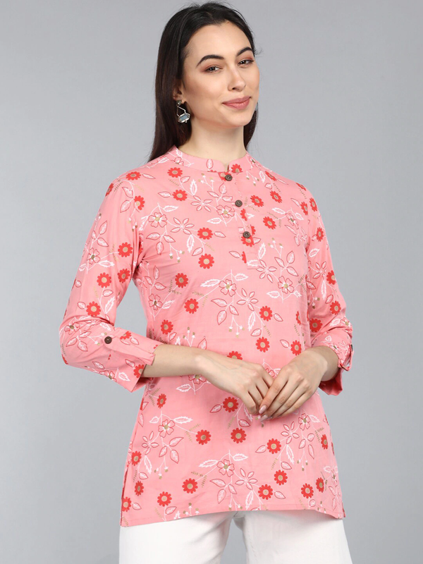 Women's Pink Cotton Floral Printed Topahika