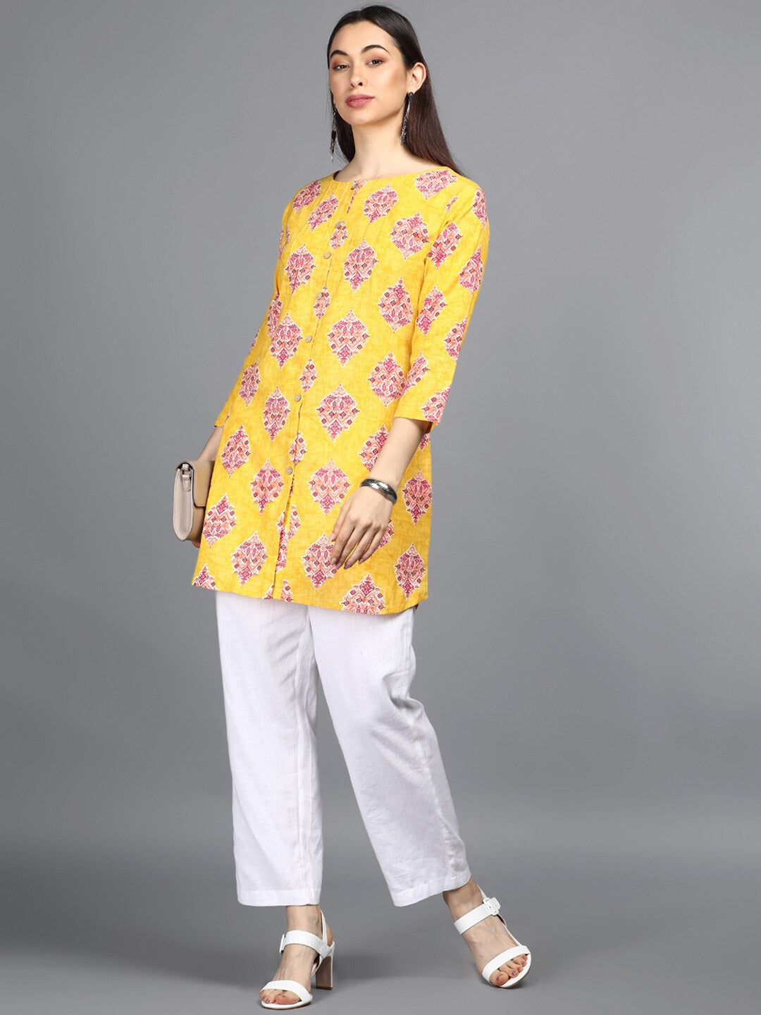 Women's Yellow Cotton Floral Printed Topahika