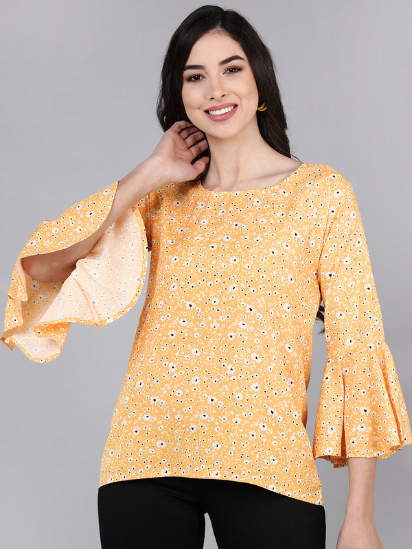 Women's Mustard Crepe Floral Printed Topahika