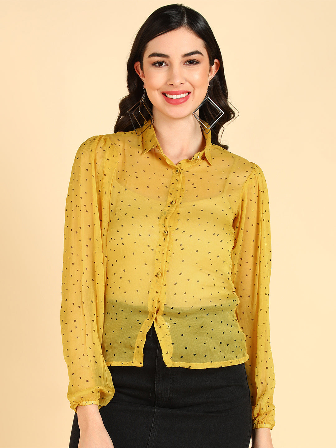 Women's Yellow Polyester Polka Dots Printed Topahika