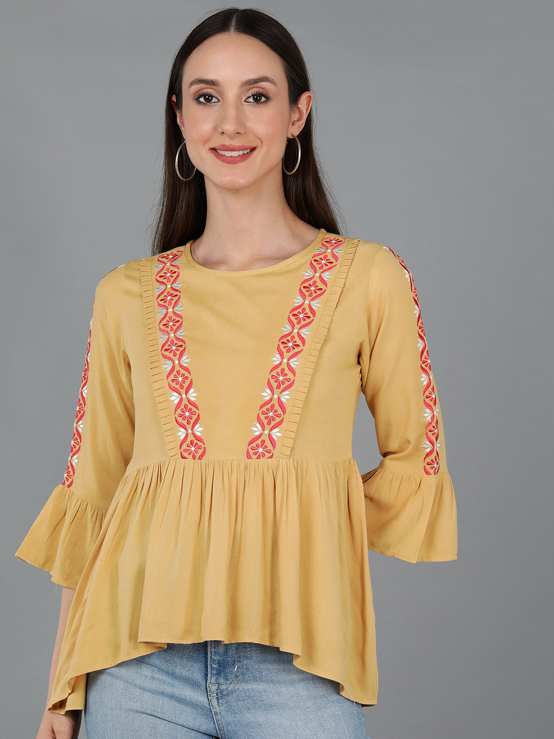 Women's Yellow Liva Embroidered Printed Topahika