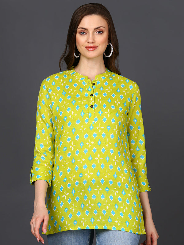 Women's Lime Green Cotton Blend Geometric Printed Topahika