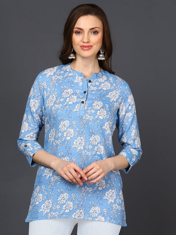 Women's Blue Cotton Blend Floral Printed Topahika