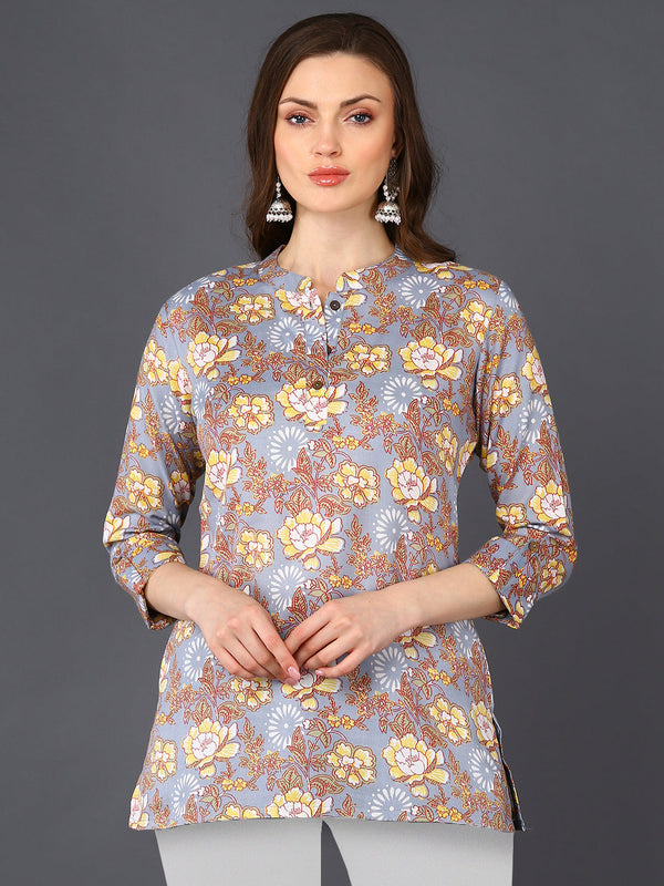 Women's Grey Cotton Blend Floral Printed Topahika