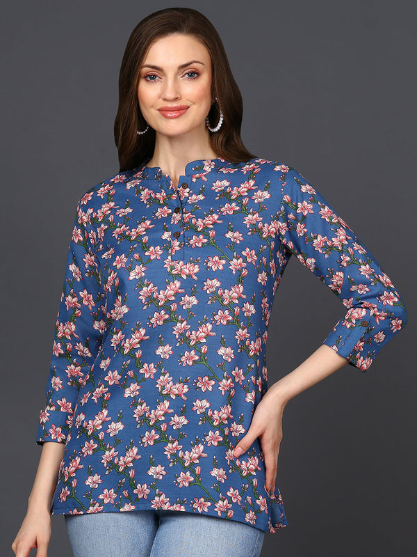 Women's Blue Cotton Blend Floral Printed Topahika