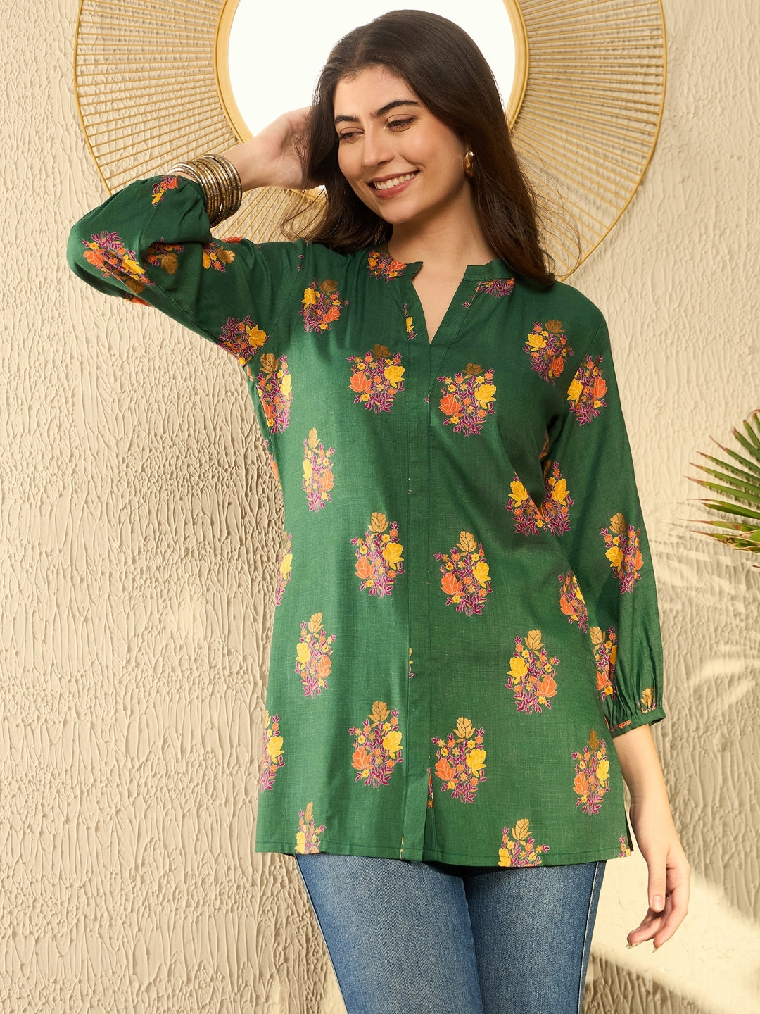 Women's Green Cotton Blend Blend Floral Printed Regular Top - Ahika