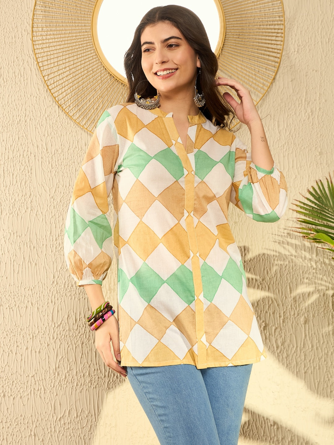 Women's White Cotton Blend Geometric Printed Regular Top - Ahika