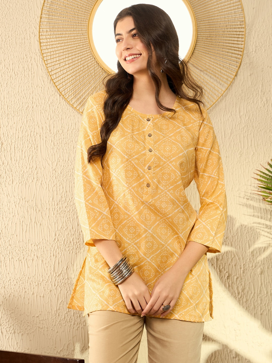 Women's Yellow Cotton Blend Blend Bandhani Printed Regular Top - Ahika