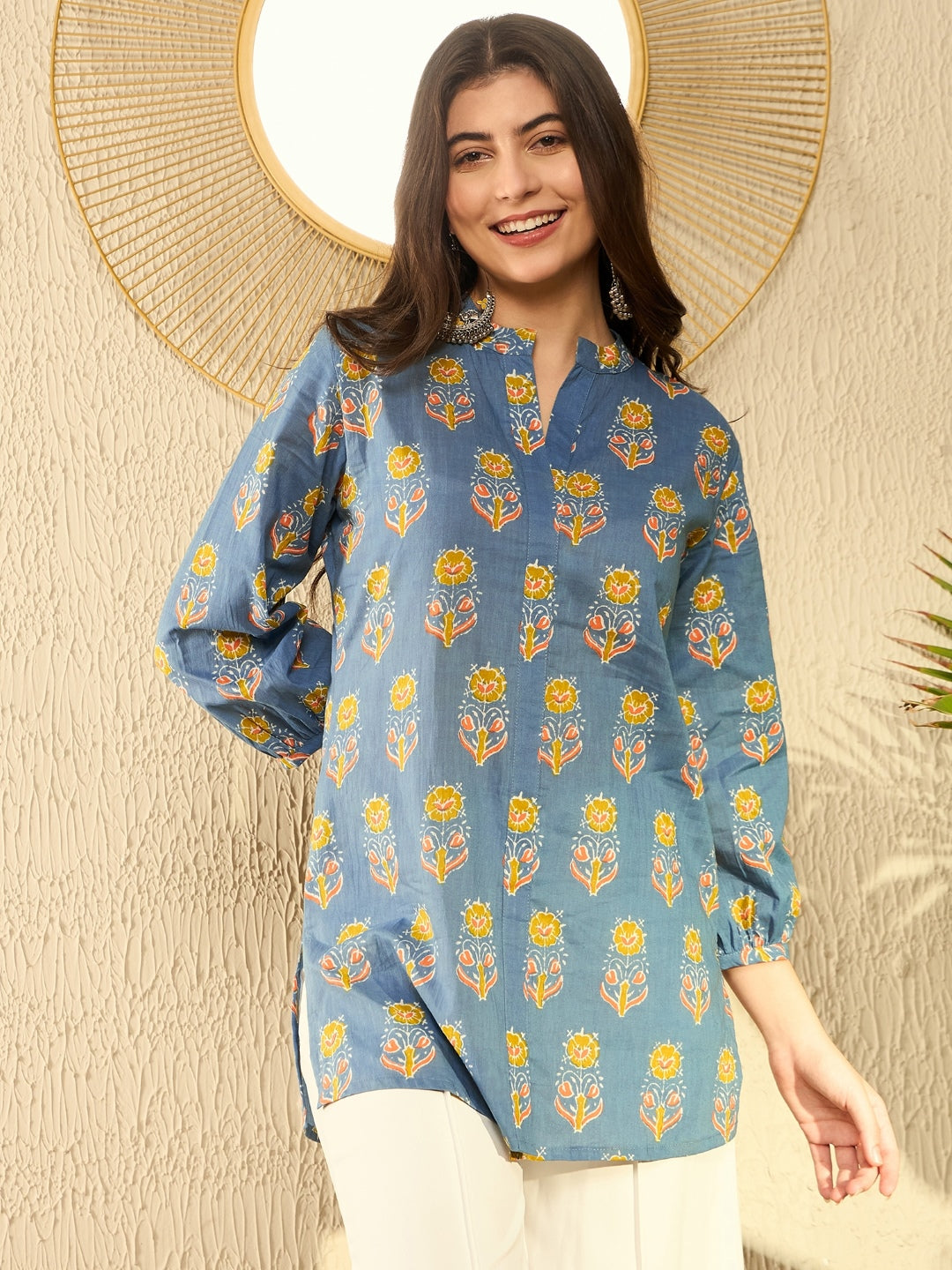 Women's Blue Cotton Blend Floral Printed Regular Top - Ahika