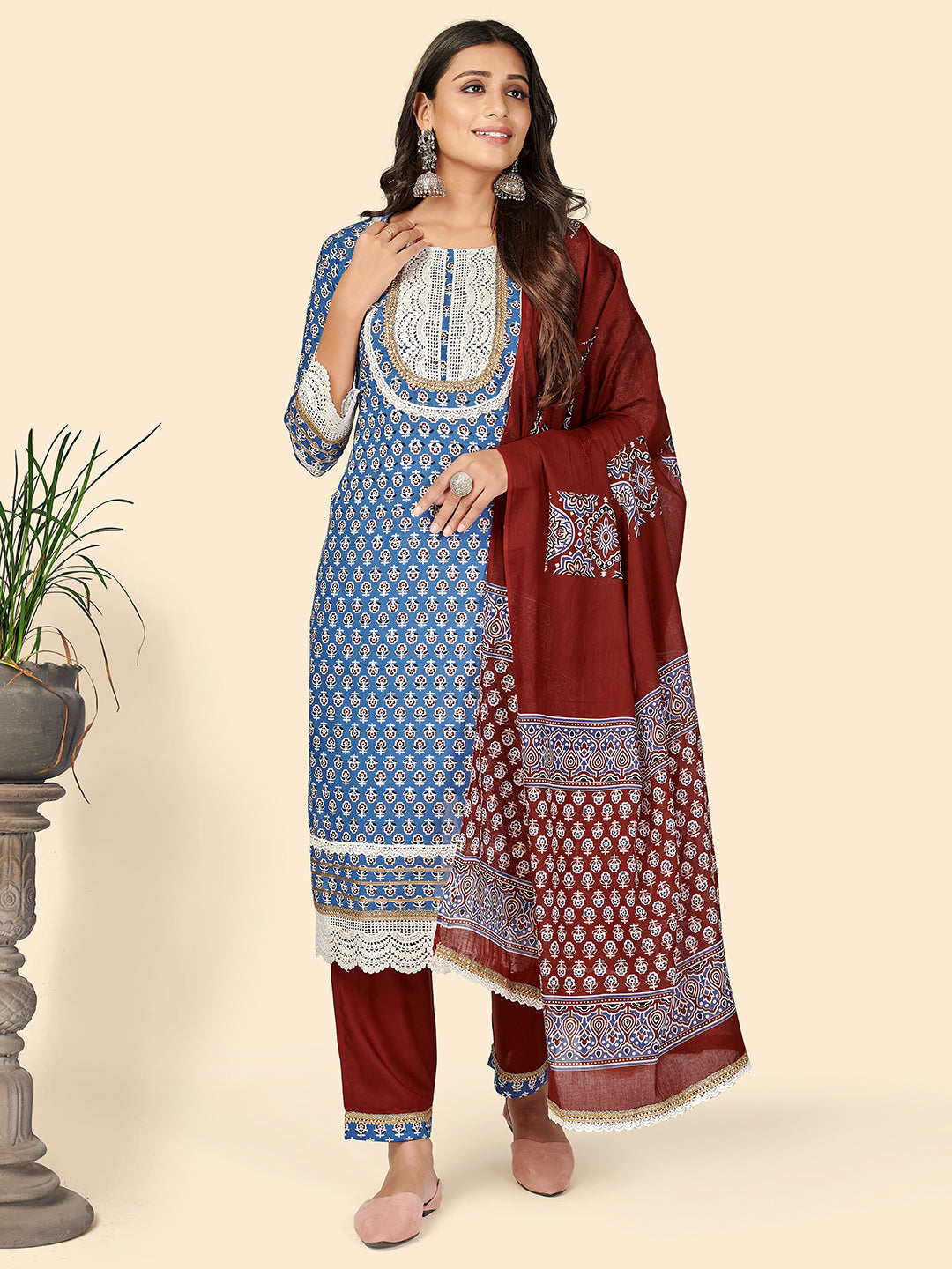 Women's Printed & Embroidered Straight Cotton Blue Stitched Kurta Pant With Dupatta - Vbuyz