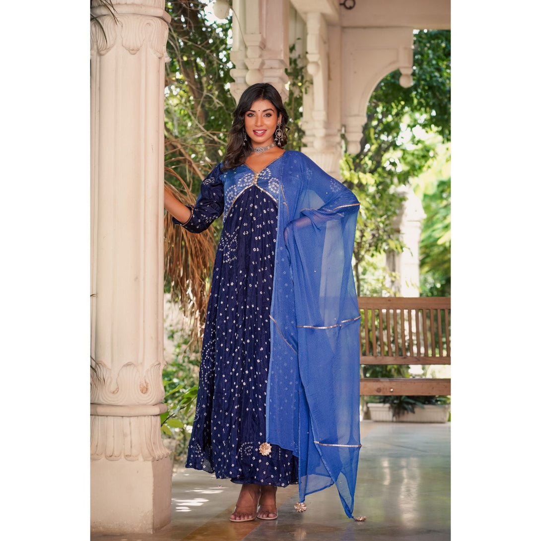 Women's Blue Bandhani Anarkali Kurta With Dupatta - Rangpur