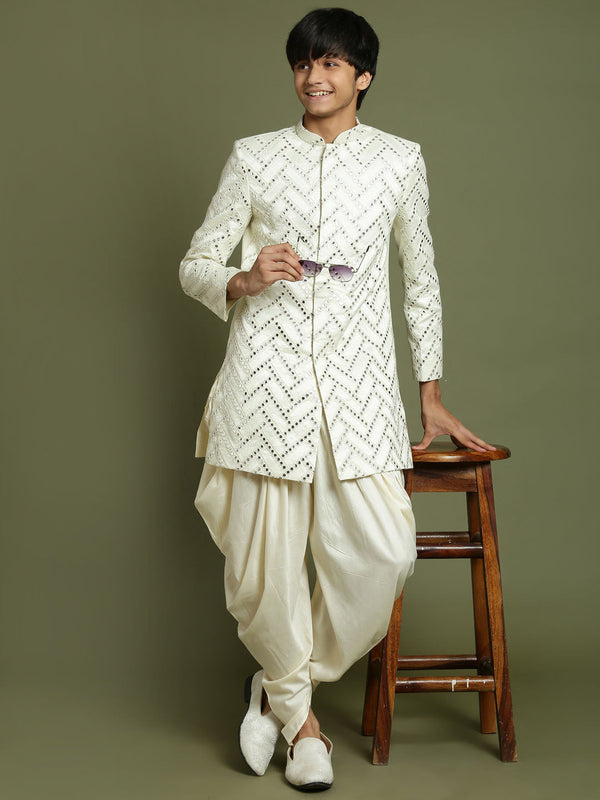 Jashvi Boys Cream-Colored Mirror Work Embellished Slim Fit Sherwani Set