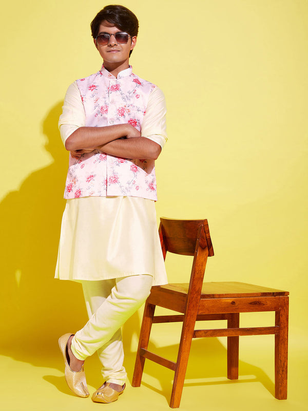 Jashvi Boys Peach Floral Printed Nehru Jacket With Cream Kurta And Pyjama Set