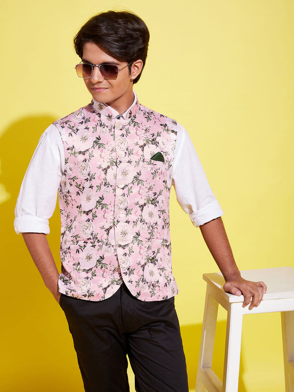 Jashvi Boys Multicolor-Base-Pink Floral Printed Nehru Jacket