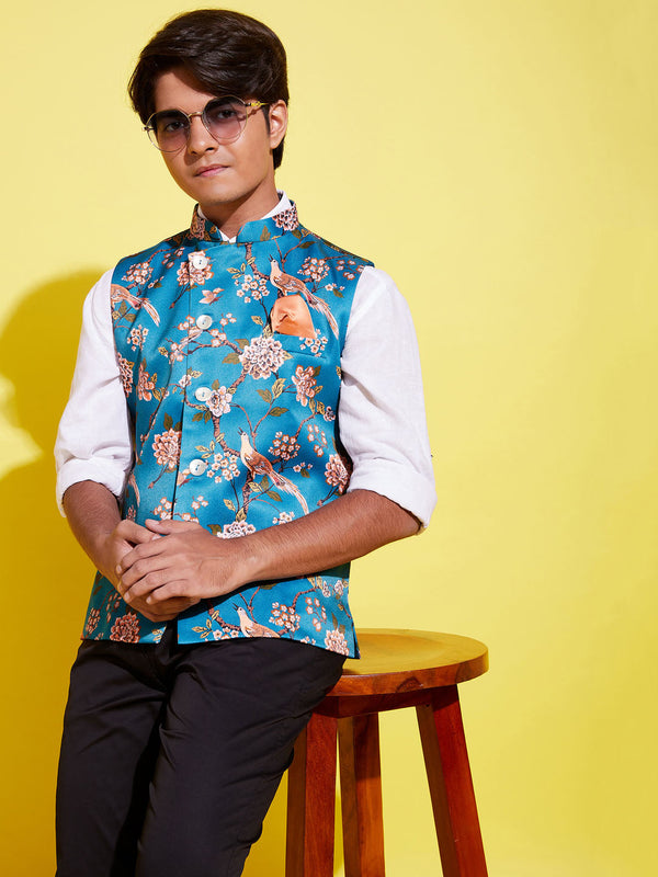 Jashvi Boys Multicolor-Base-Peach Floral Printed Nehru Jacket