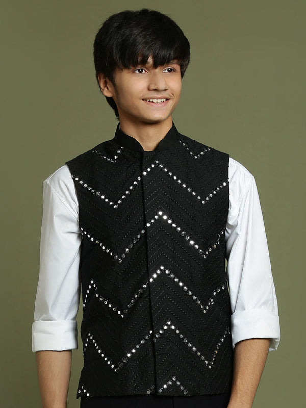 Jashvi Boys' Black Mirror Work Ethnic Jacket