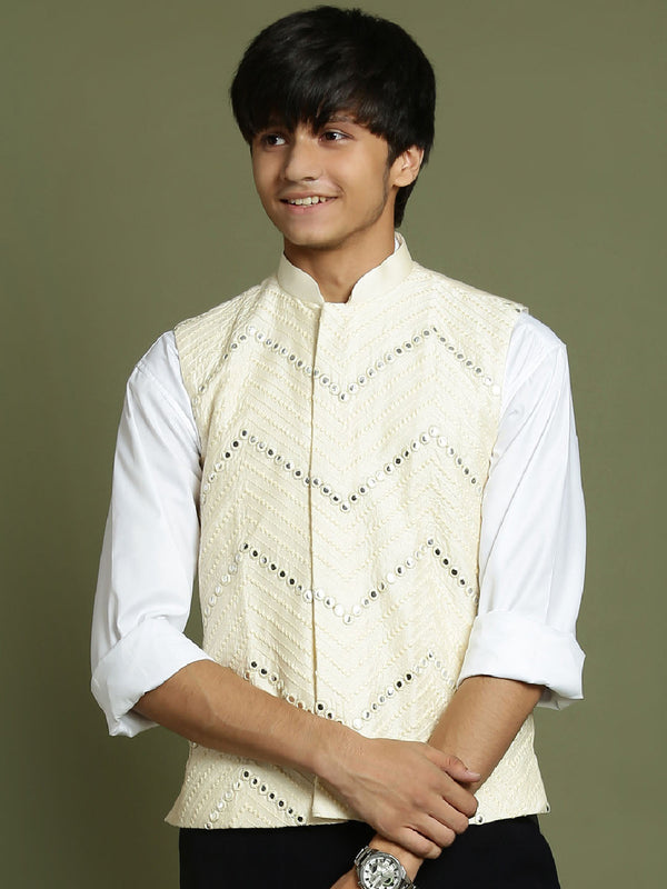 Jashvi Boys' Cream Mirror Work Ethnic Jacket