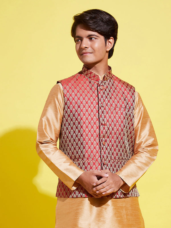 Jashvi Boys' Maroon Woven Design Silk Blend Nehru Jacket