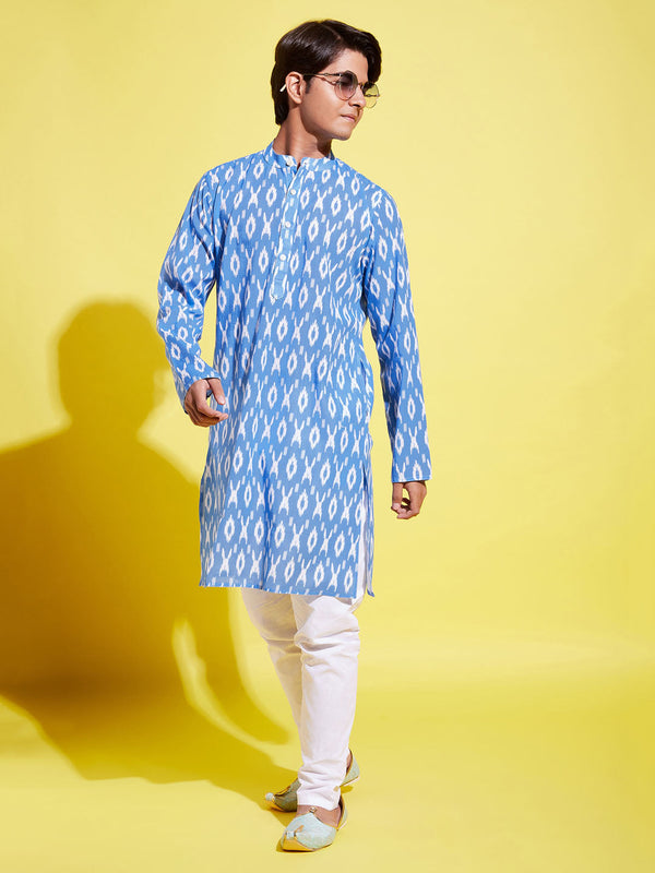 Jashvi Boys Traditional Ikkat Print Flat Collar Kurta And Pyjama Set