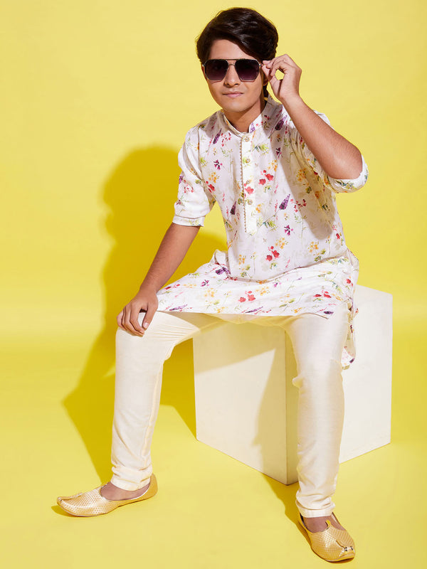 Jashvi Boy's Printed Cream Cotton Blend Kurta and Pyjama Set