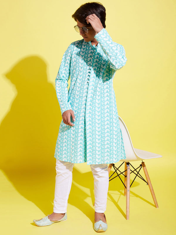 Jashvi Boys Green Embroidered Kurta