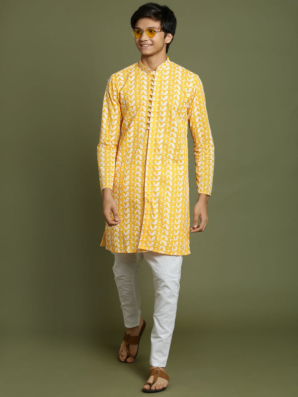 Jashvi Boys' Orange Chaikankari Kurta With White Pyjama Set