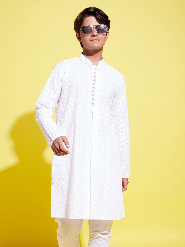 Jashvi Boys White Embroidered Kurta