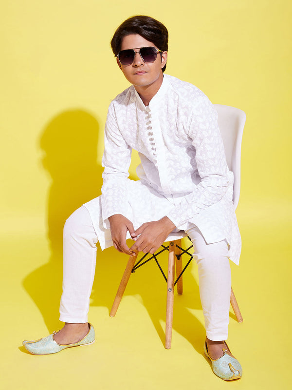 Jashvi Boys White Embroidered Kurta with Pyjama Set