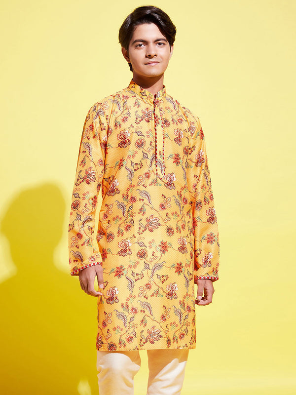 Jashvi Boys' Multicolor-Base-Mustard And Cream Kurta