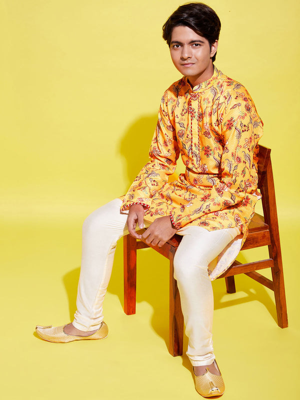 Jashvi Boys' Multicolor-Base-Mustard And Cream Kurta Pyjama Set