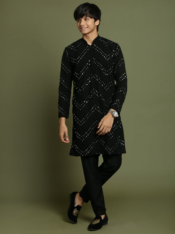 Jashvi Boys Black Mirror Work Georgette Kurta And Pyjama Set