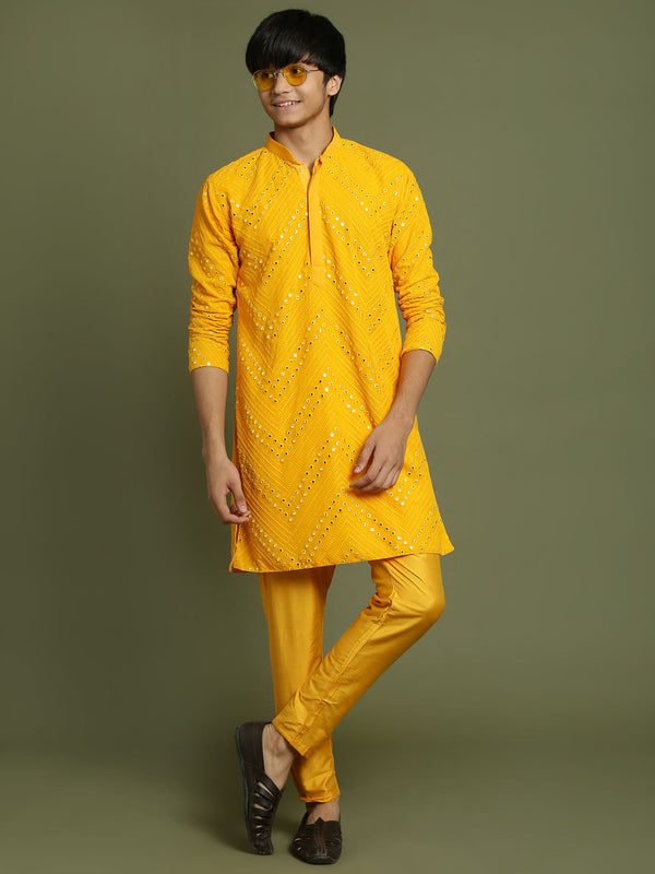 Jashvi Boys Yellow Mirror Work Georgette Kurta And Pyjama Set