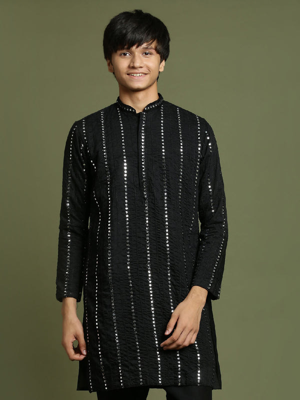 Jashvi Boys Black Mirror Work Viscose Kurta