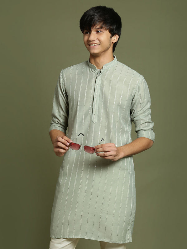 Jashvi Boys' Green Striped With Sequin Worked Kurta