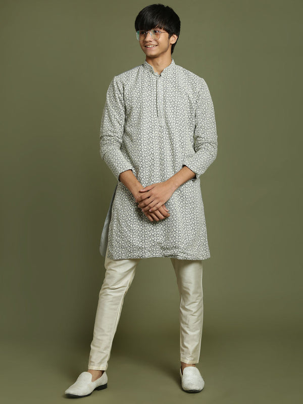 Jashvi Boys' Grey Georgette Chikankari Kurta Pyjama Set