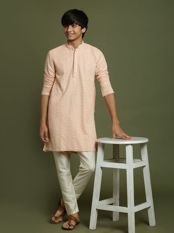 Jashvi Boys' Pink Georgette Chikankari Kurta Pyjama Set