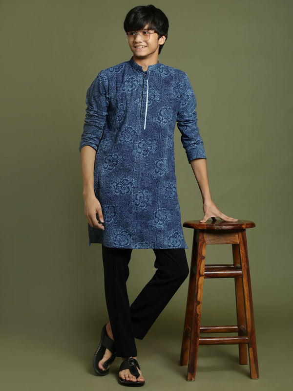 Jashvi Boys Indigo Denim Printed Kurta