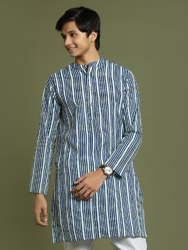 Jashvi Boys' Indigo Blue Striped Kurta