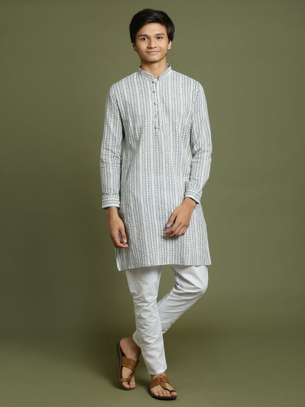 YUVA BY Jashvi Boys' Grey Woven Kurta With White Pyjama Set