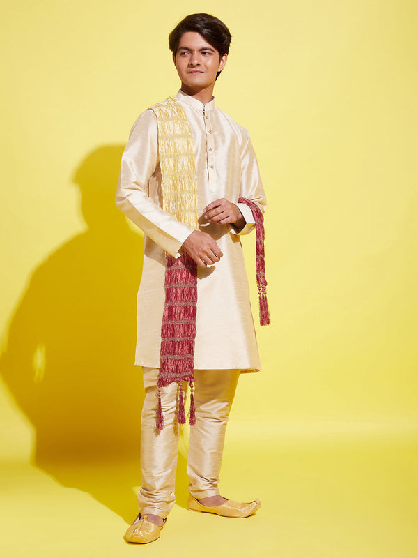 Jashvi Boys' Gold Silk Blend Kurta, Pyjama & Dupatta Set