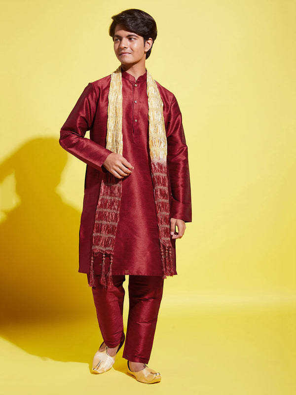 Jashvi Boys' Maroon Cotton Silk Kurta, Pyjama & Dupatta Set