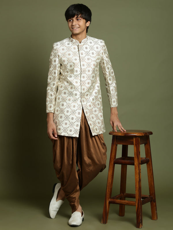 Jashvi Boys Beige And Coffee jacquard Sherwani Set