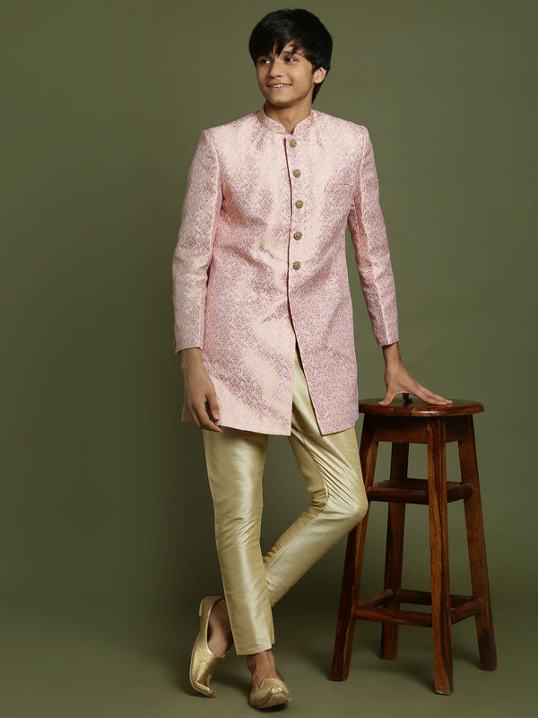 Jashvi Boys Pink & Gold-Colored Woven-Design Brocade Slim Fit Sherwani Set