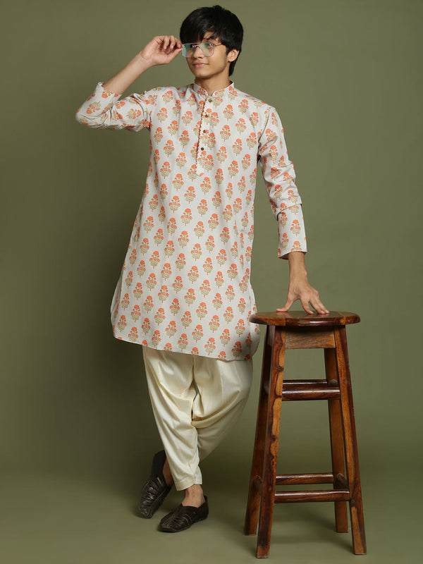 Jashvi Boys' Multicolor-Base-Beige And Cream Kurta Patiala Set