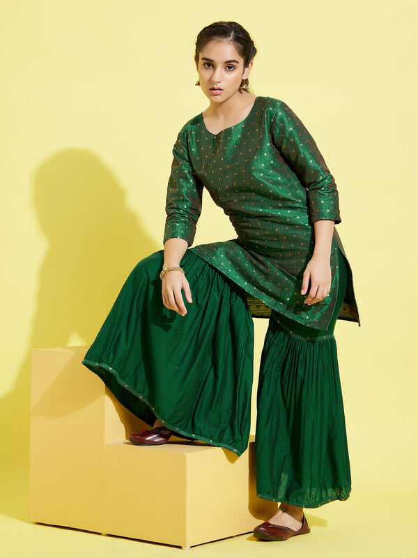 Jashvi Girls' Green Zari Kurta And Sharara Set