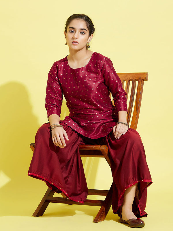 Jashvi Girls' Maroon Zari Kurta And Sharara Set