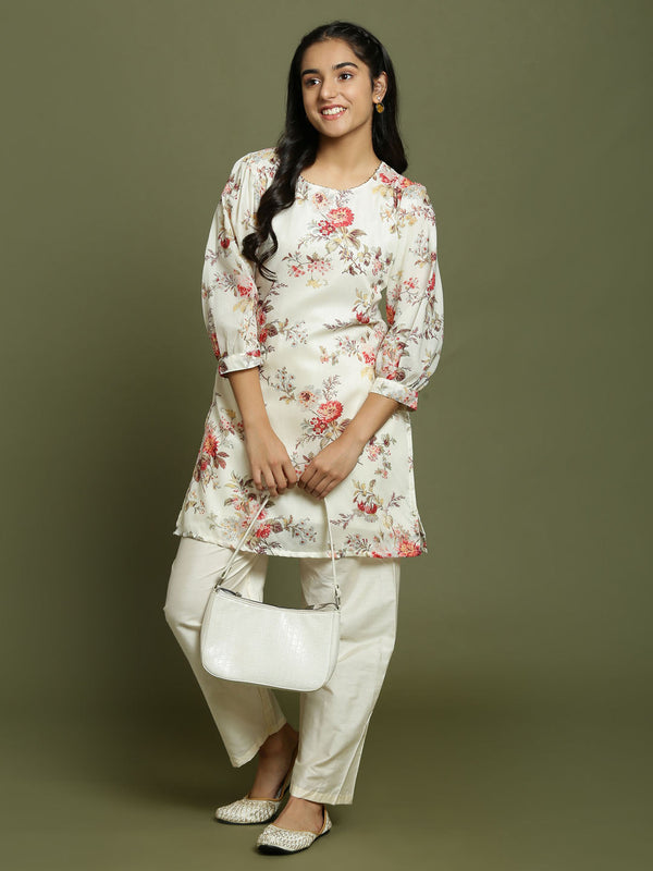 Yuva Jashvi Girls Cream Floral Printed Kurta With Cream Pant Set