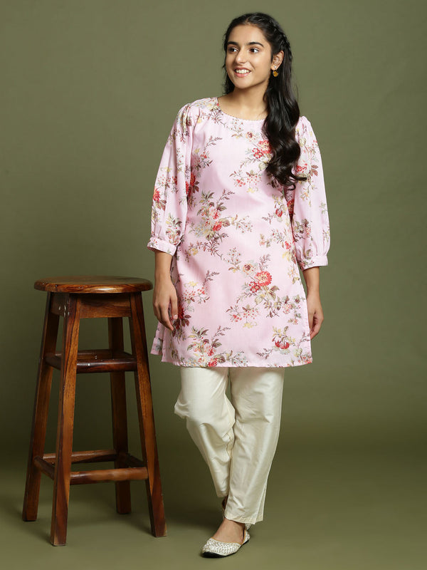 Yuva Jashvi Girls Pink Floral Printed Kurta With Cream Pant Set