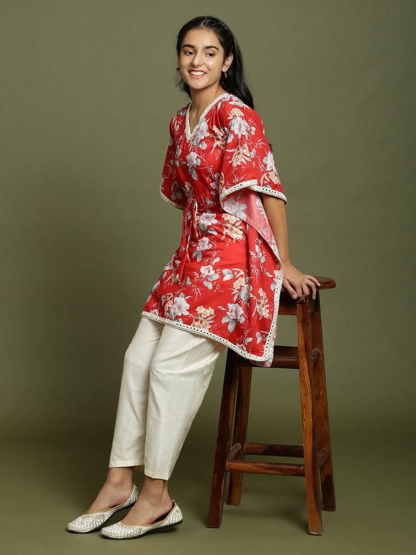 Yuva By Jashvi Girls Red Floral Printed Kaftan Kurta With Cream Pant Set