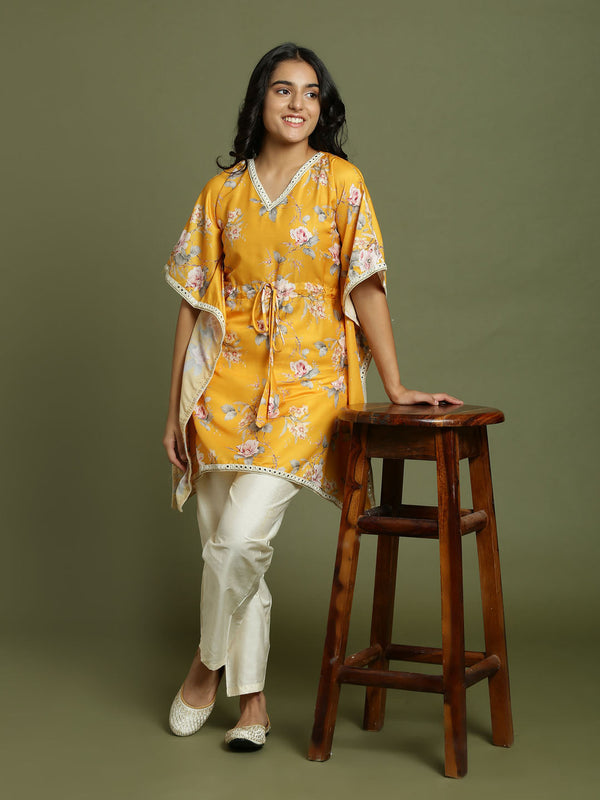 Yuva By Jashvi Girls Yellow Floral Printed Kaftan Kurta With Cream Pant Set